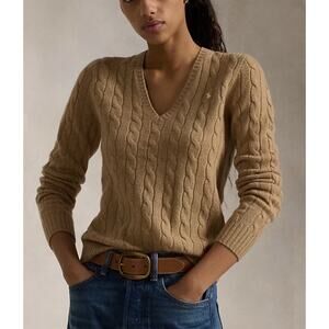 POLO RALPH LAUREN Cotton Cable Knit V-Neck Sweater Top Pullover Camel Size S
